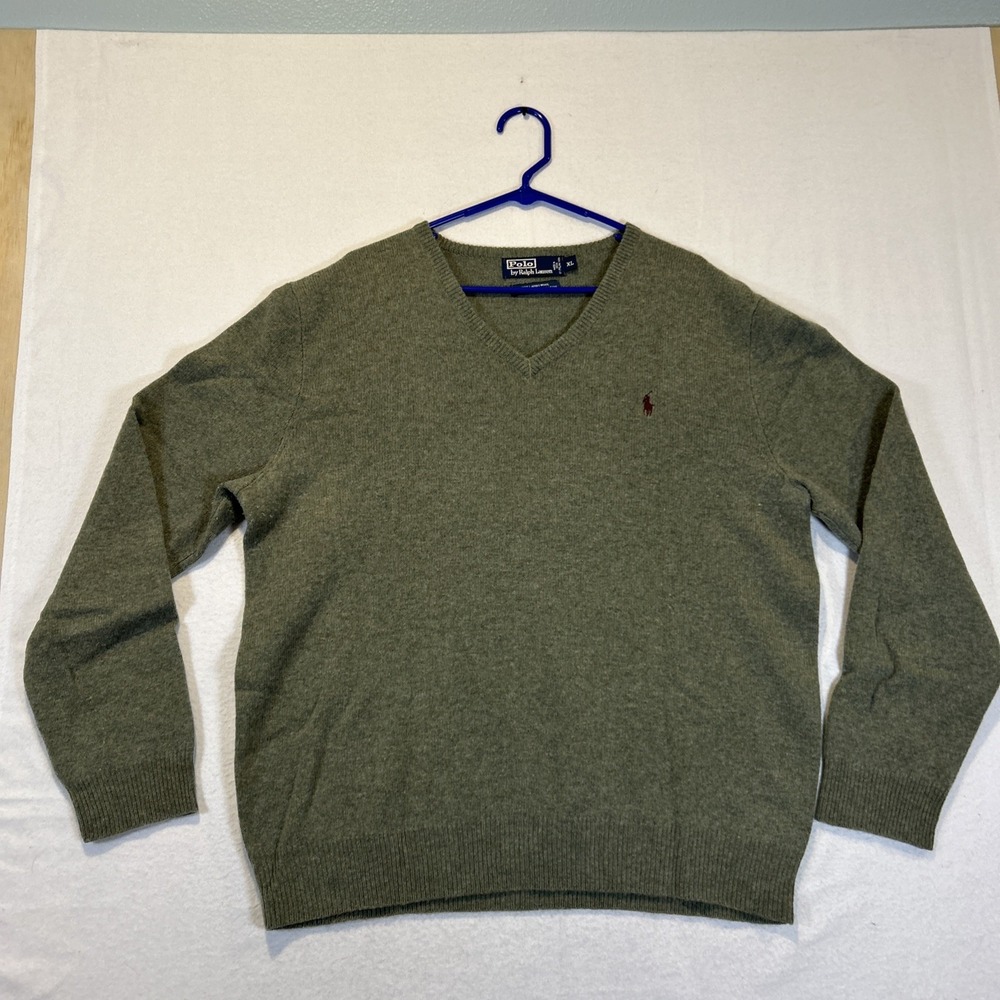 Polo Ralph Lauren Sweater Mens XL Green Vintage 100% Lambs wool V Neck Preppy